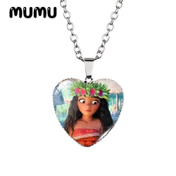 2024 New Princess Moana Heart Necklace Heihei Pua Glass Printed Photo Pendant Handmade Jewelry Gifts Children
