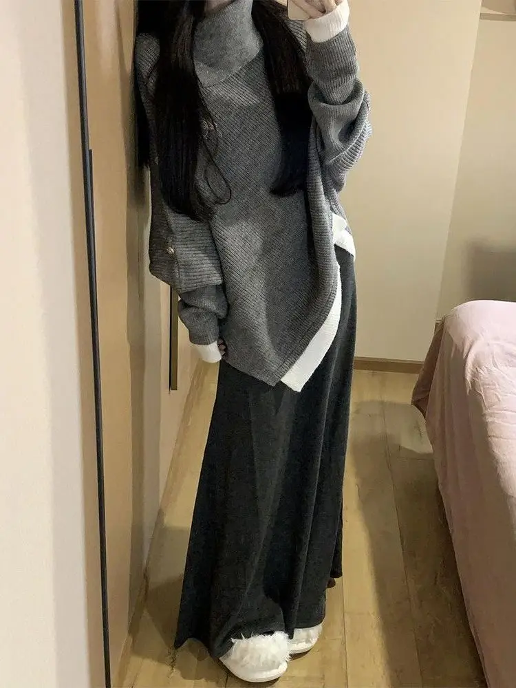 

Korean Style High Collar Batwing Sleeve Sweater And High Waist Fish Tail Skirt Two Piece Set for Women Winter Fashion