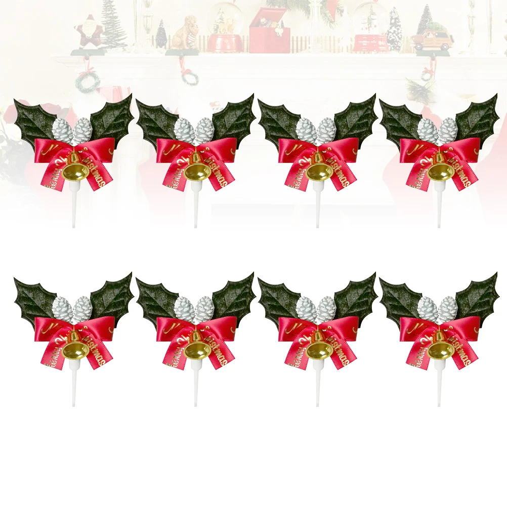 

10pcs Christmas Cake Toppers Merry Ribbon Cupcake Decorations Food Picks Green Elder Leaves Cake Decor Party Supplies