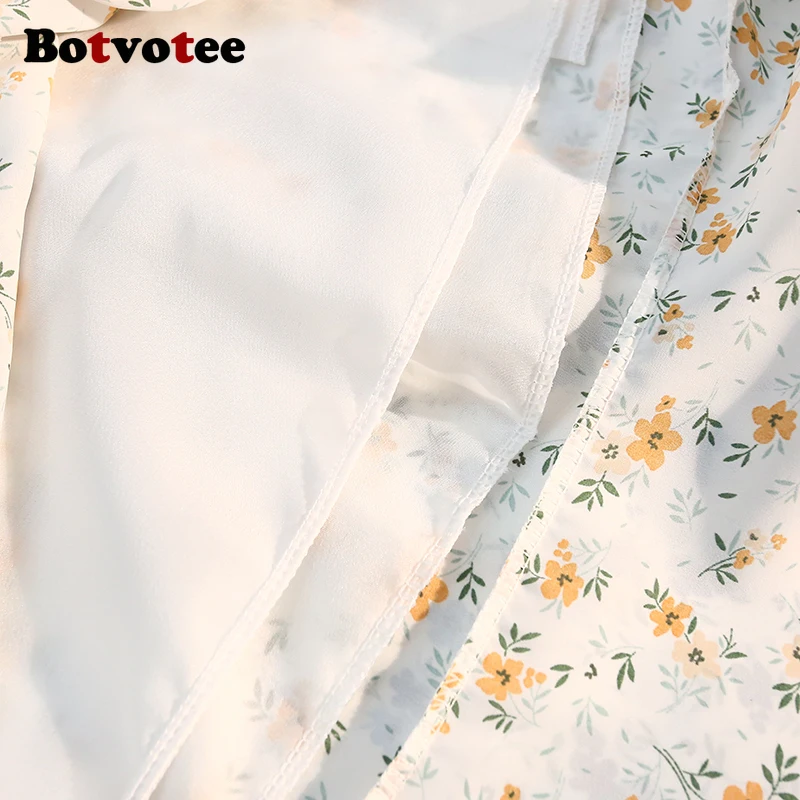 Botvotee ทรัมเป็ตชีฟองดอกไม้พิมพ์กระโปรงผู้หญิงเอวสูง Elegant ด้านข้างแยก Ruffles กระโปรงยาวสํานักงาน Midi Skort