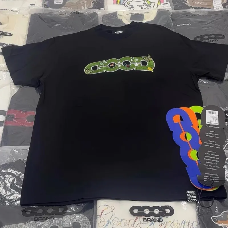 GOODBRAND Tshirts Summer Green Embroidered Logo Butterfly Ladybug Print Men Women Streetwear Cotton Casual Short Sleeve Tops