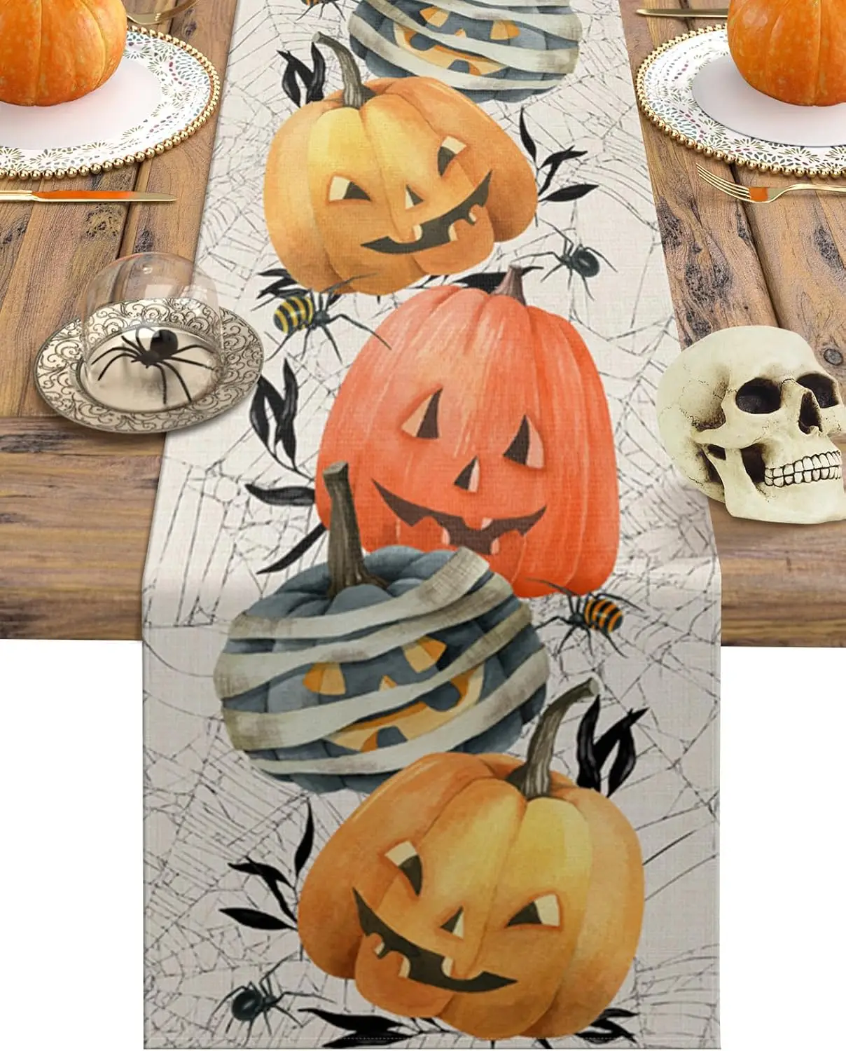 

Halloween Horror Pumpkins Linen Table Runner Holiday Party Decor Farmhouse Kitchen Dining Table Runner Halloween Decorations