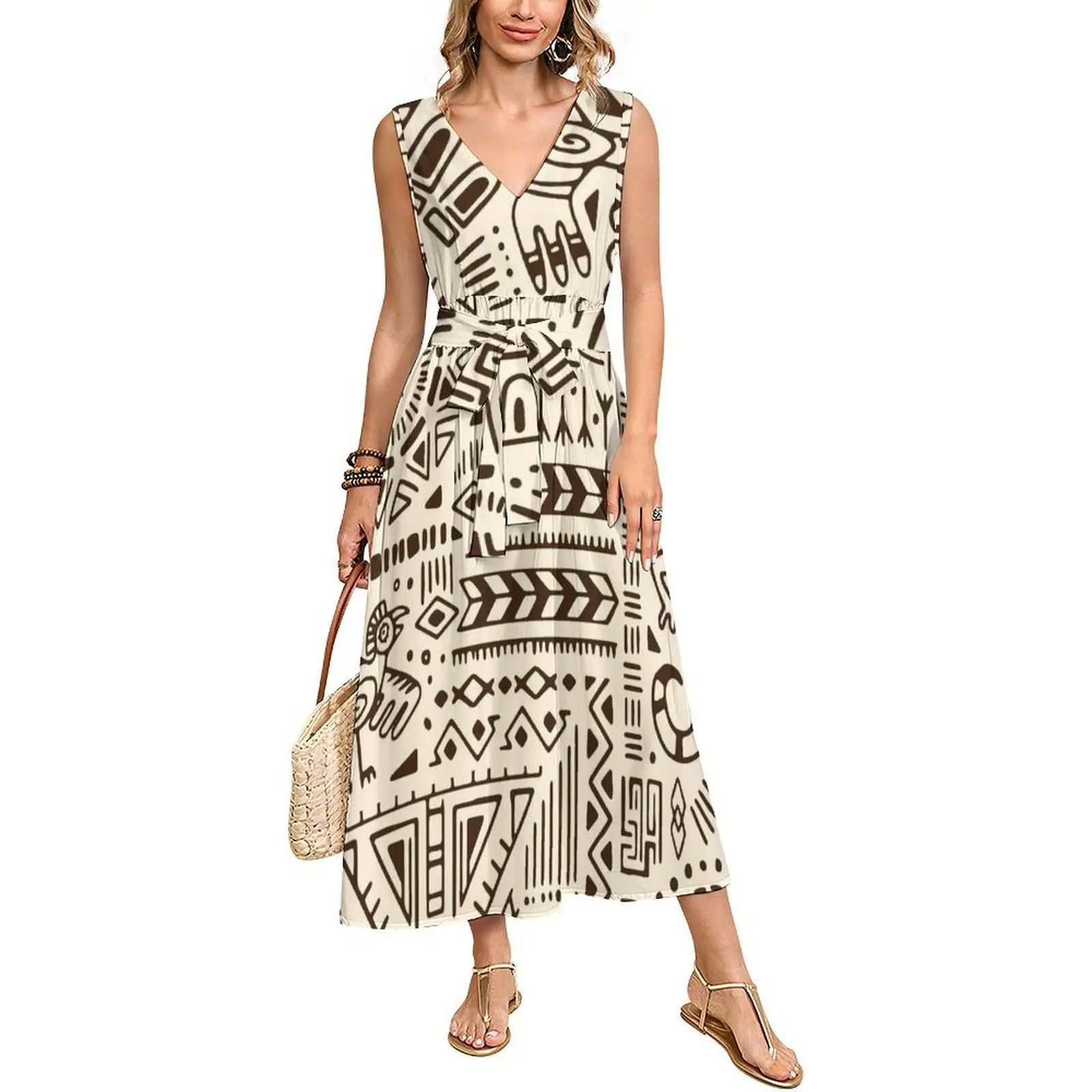 فستان طويل بتصميم حزام بدون أكمام للحفلات فضفاض وأنيق للصيف على جزيرة المحيط الهادئ، فستان طويل بطباعة نمط قبلي أزتيك جديد #2