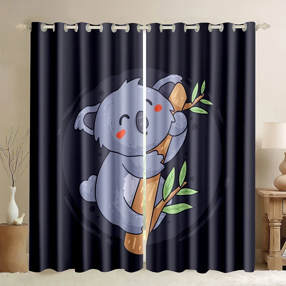 Cartoon Sloth Window Blackout Curtains,Animal Sloth Lying On The Branch Black Background,Australian Wildlife Cute Animal Pattern