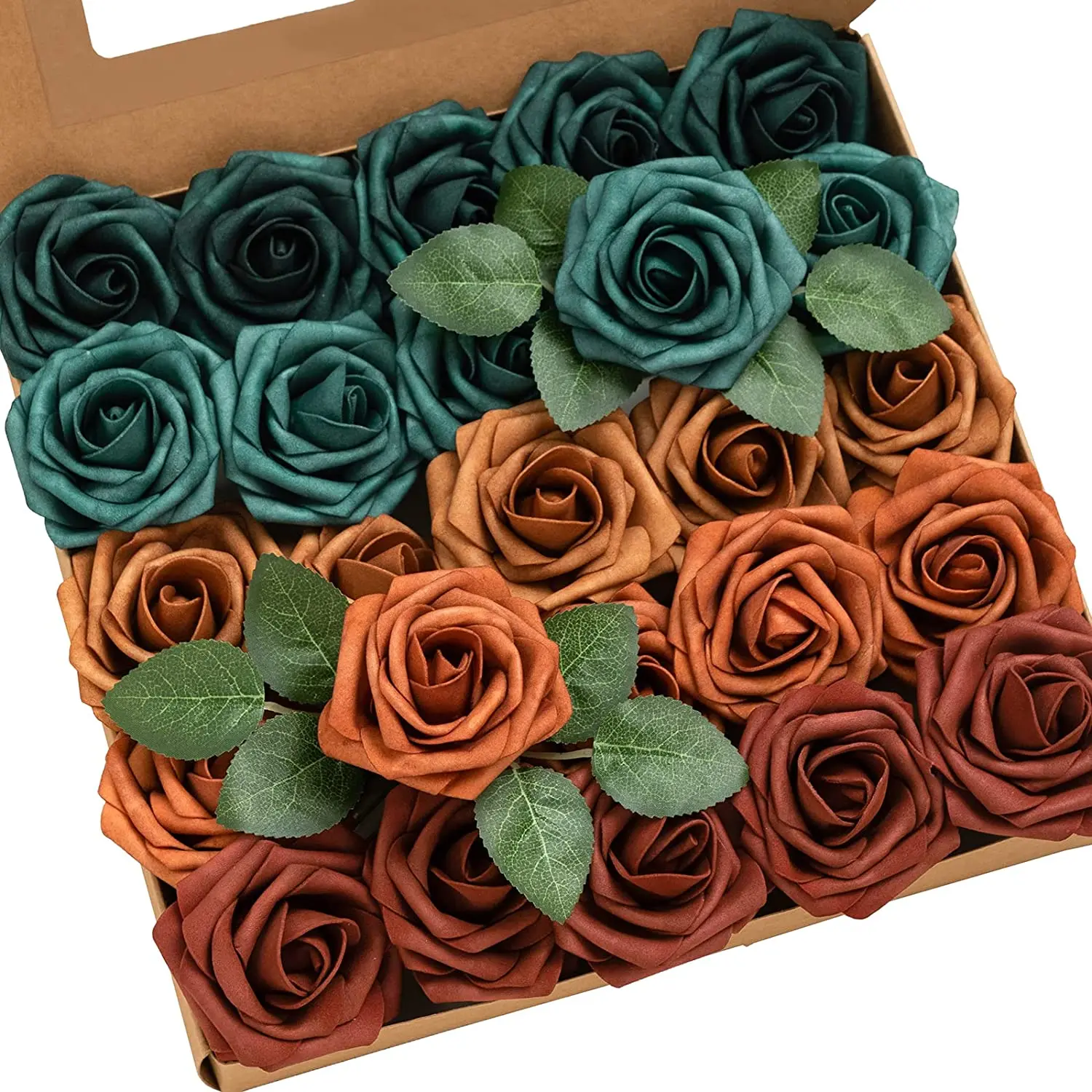 D-Seven Artificial Flowers 25/50PCS Teal & Burnt Orange Roses For DIY Wedding Bouquets/Centerpieces Outdoor Party Backdrops