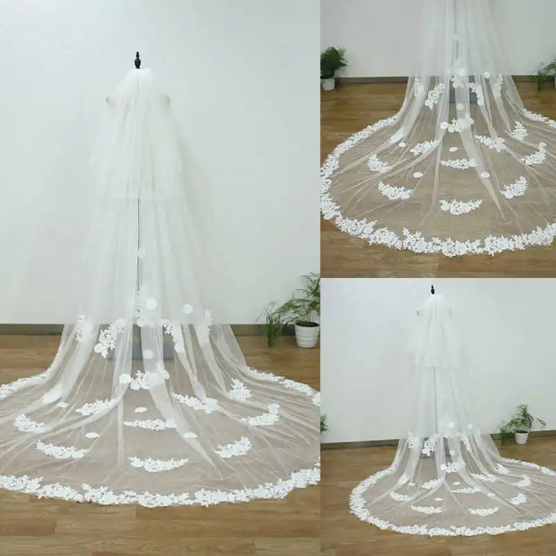 

Graceful Customized Bridal Veils Two Layer Long Cathedral Length Wedding Veils Appliques Edge With Comb Marriage Accessories