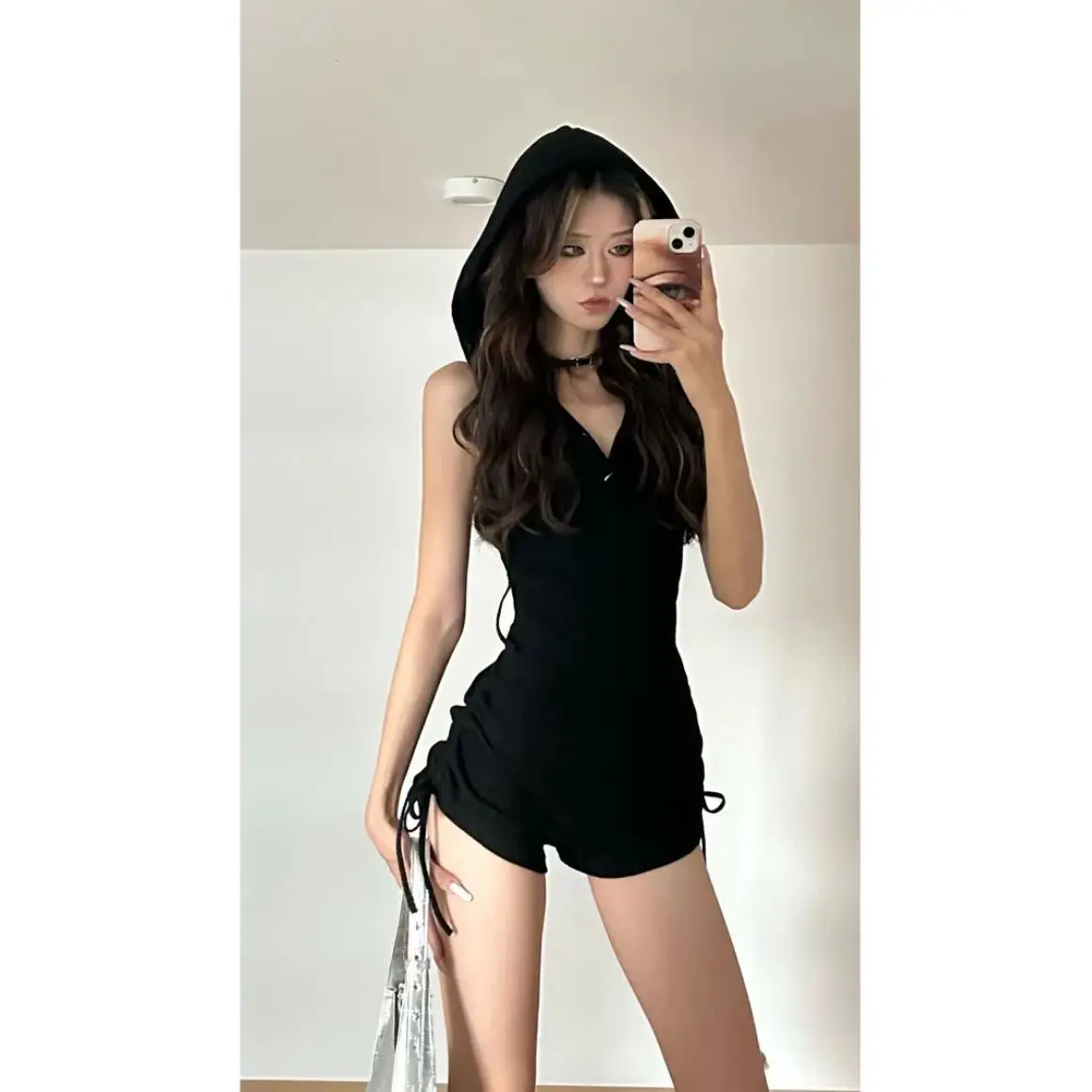 Black Halter Jumpsuit Women's Summer Design Sense Niche Slimming Pure Desire Hottie Hooded V-neck Hot Pants  Streetwear Women