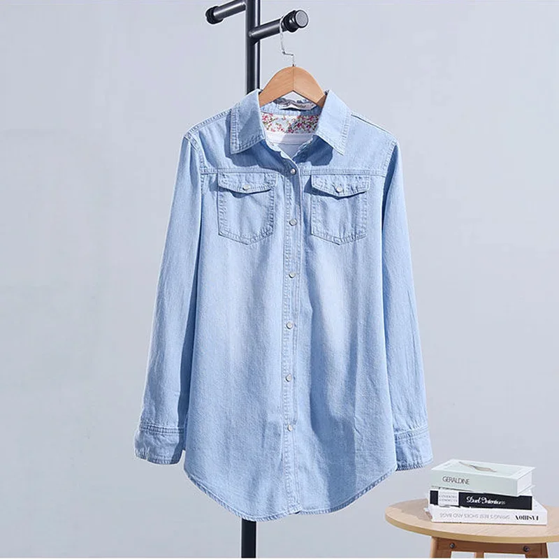 Vintage Blue Denim Shirts Jackets Women Casual Loose Single-breasted Jeans Blouses Tops Korean Mid-length Cowboy Camisas Coats