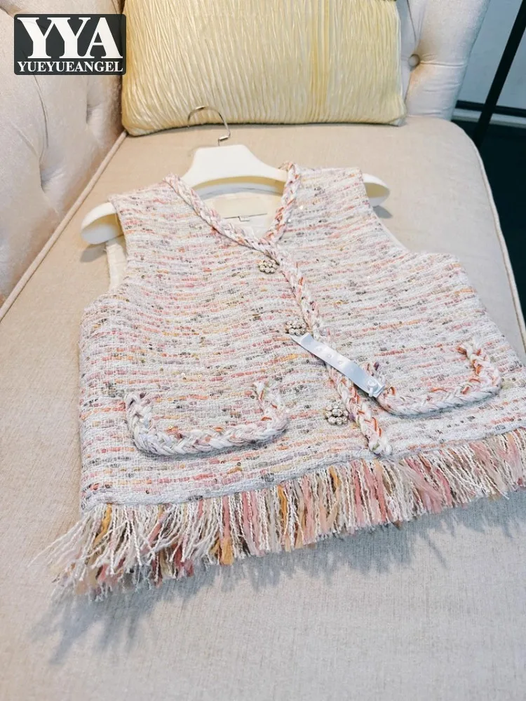 

Модная женская осенняя твидовая куртка без рукавов с v-образным вырезом, однобортный жилет, винтажный жилет с кисточками, милый женский розовый жилет, верхняя одежда