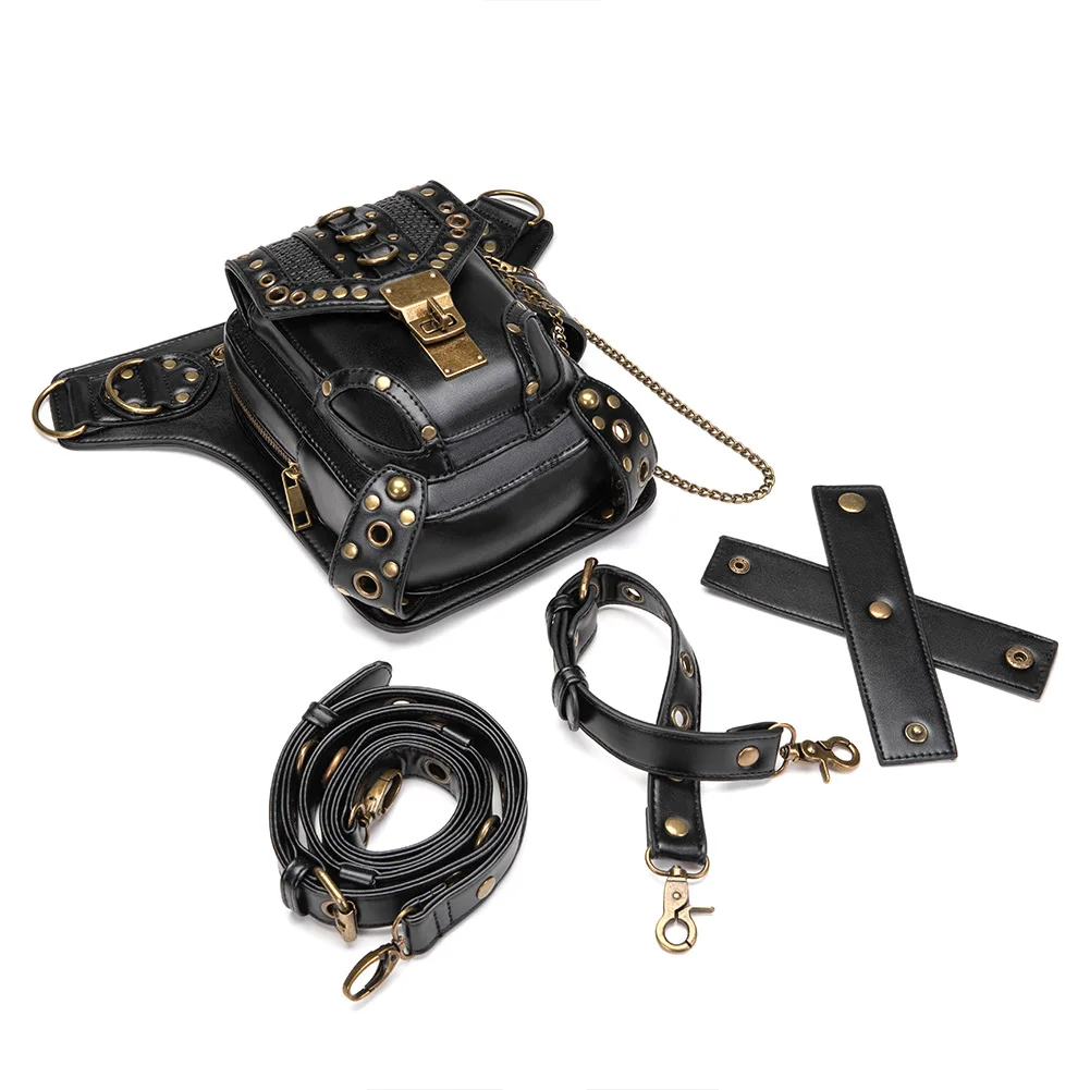 Steampunk Waist Leg Bags Female Chain Retro Biker Small Package Ladies Shoulder PU Leather Crossbody Rock Style Motorcycle Belt