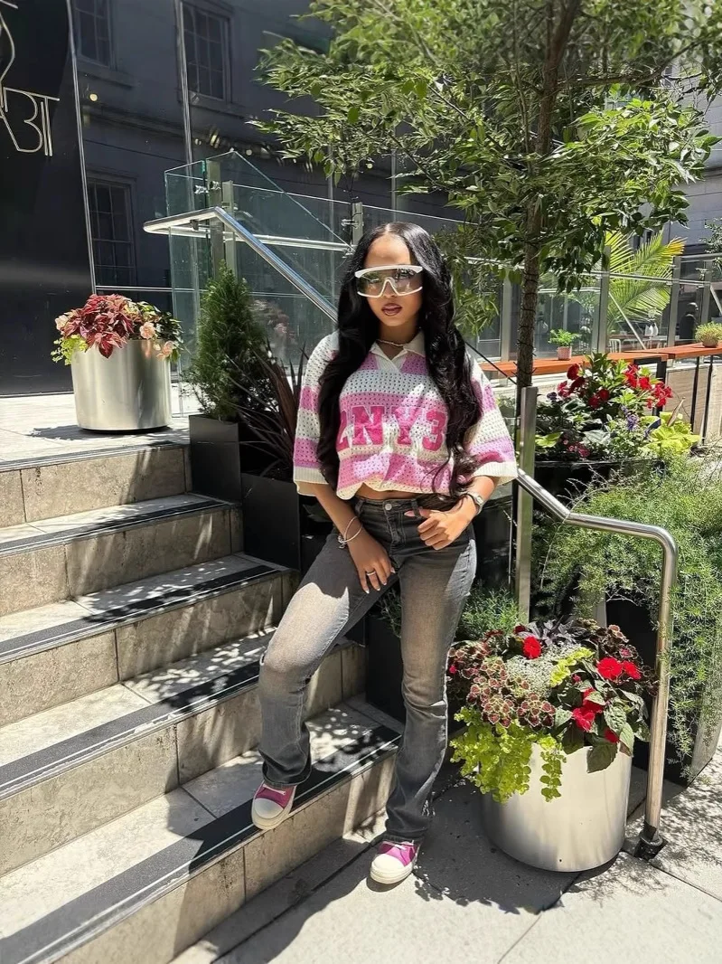 

Summer's popular dopamine-sweet style pink digital print cutout loose women's T-shirt