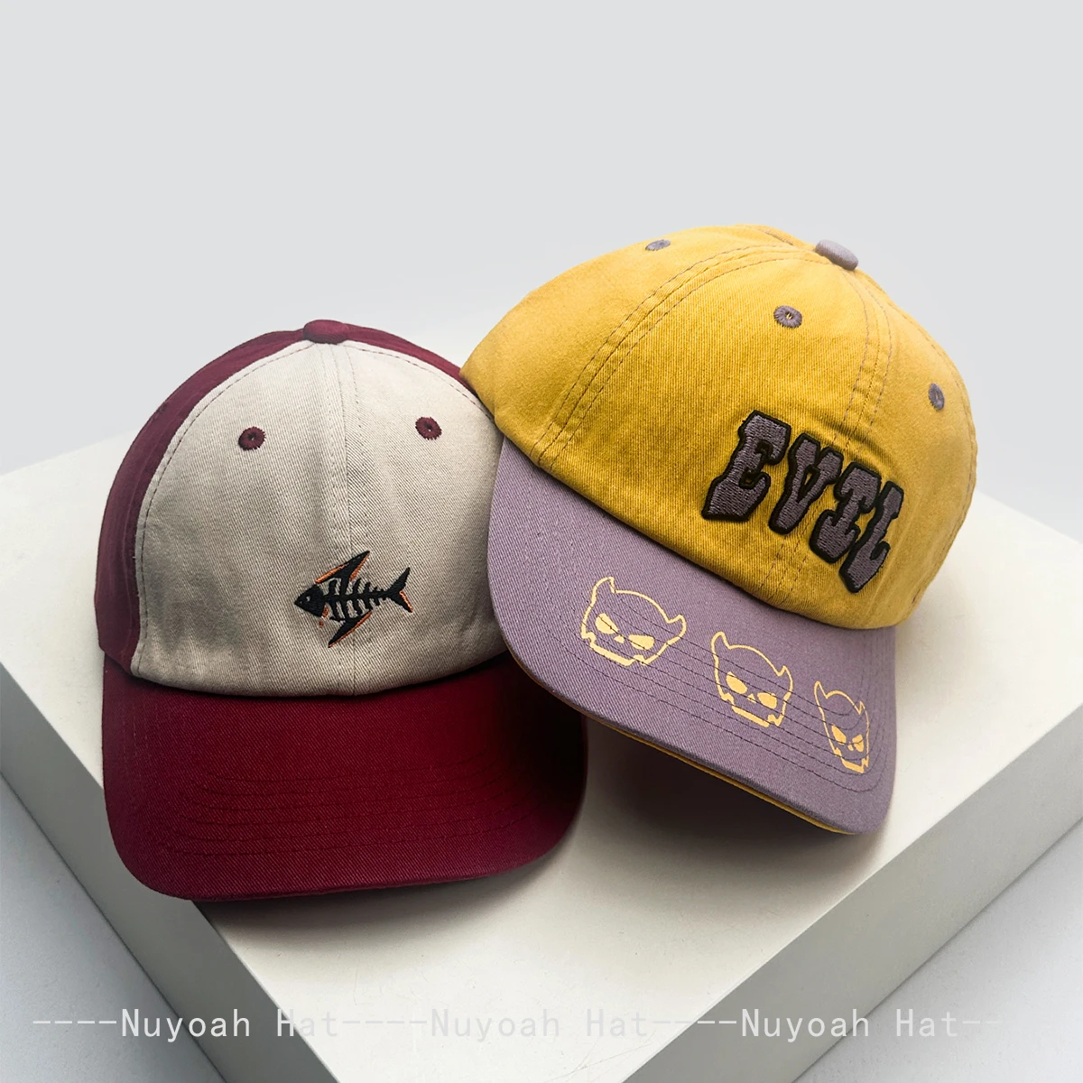 Unisex Color Block Fish Bone Letter Embroidery Baseball Cap Sunshade Retro Peaked Caps Fashionable Ins Style for Men And Women