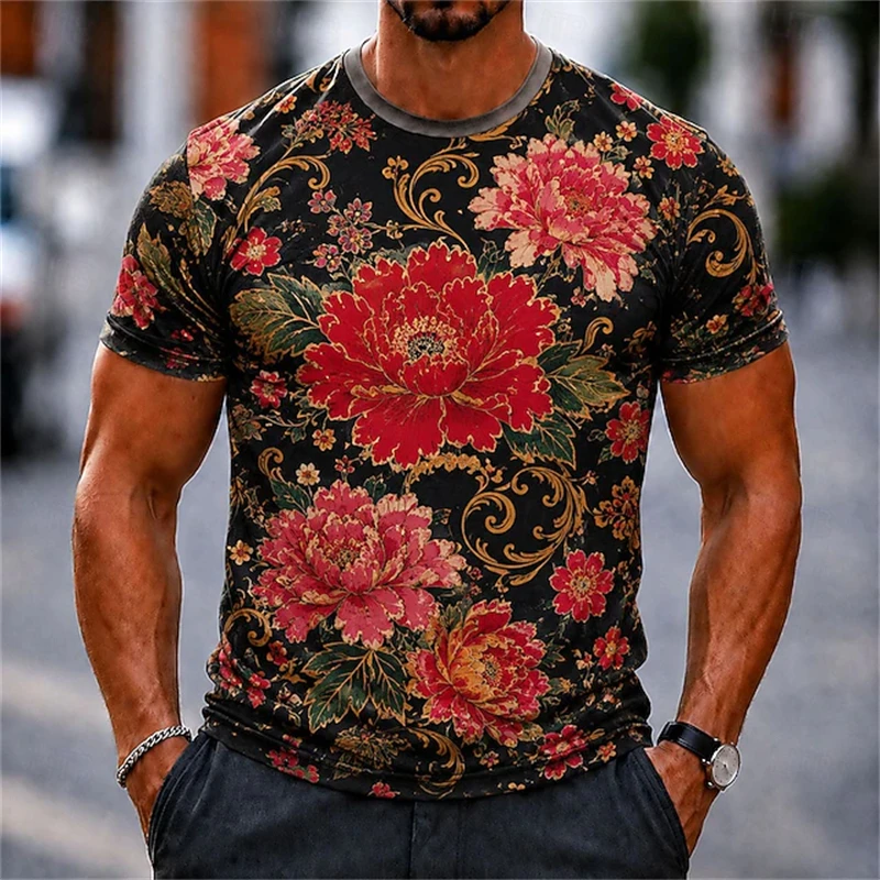 2026 New Men's 3D-Printed Floral Print T-Shirt Retro Street Style Men's Short-Sleeve Lightweight And Breathable Men's Top