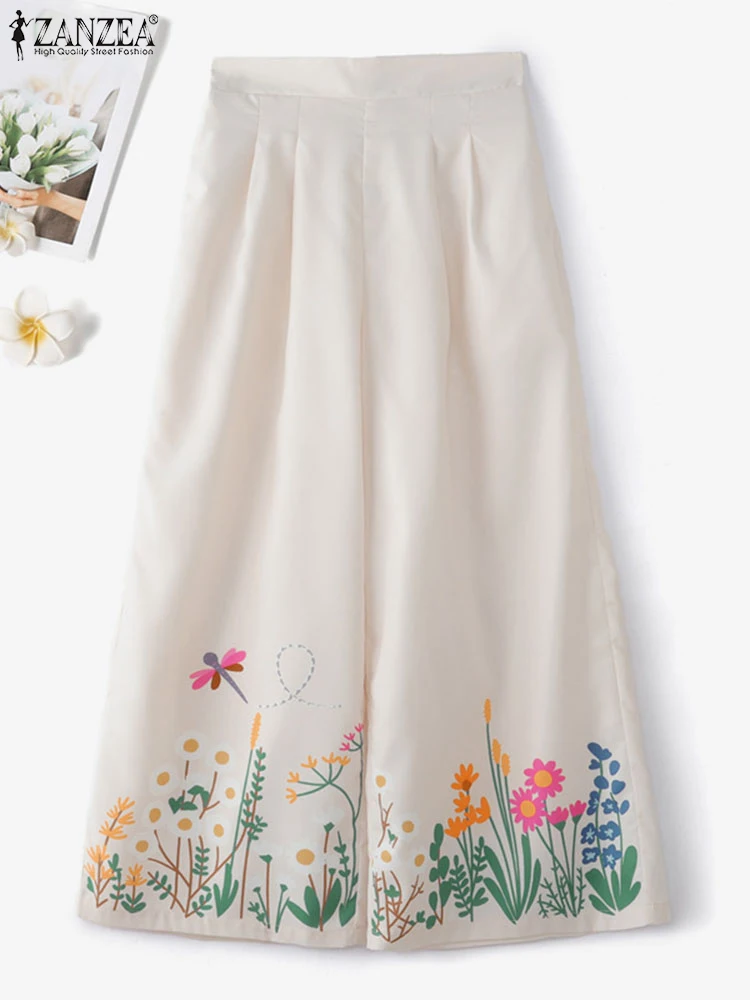 ZANZEA, pantalones de pierna ancha para mujer, pantalones Retro con cintura elástica, pantalones largos estampados informales a la moda para verano 2025, pantalones elegantes con bolsillos