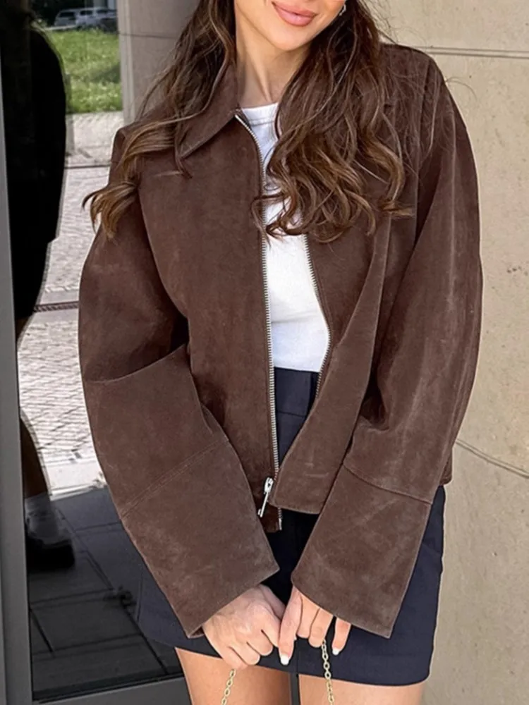 

Темно-коричневые замшевые короткие пальто, женские свободные однобортные куртки с воротником-стойкой на молнии и длинными рукавами, новинка 2025, осеннее модное пальто
