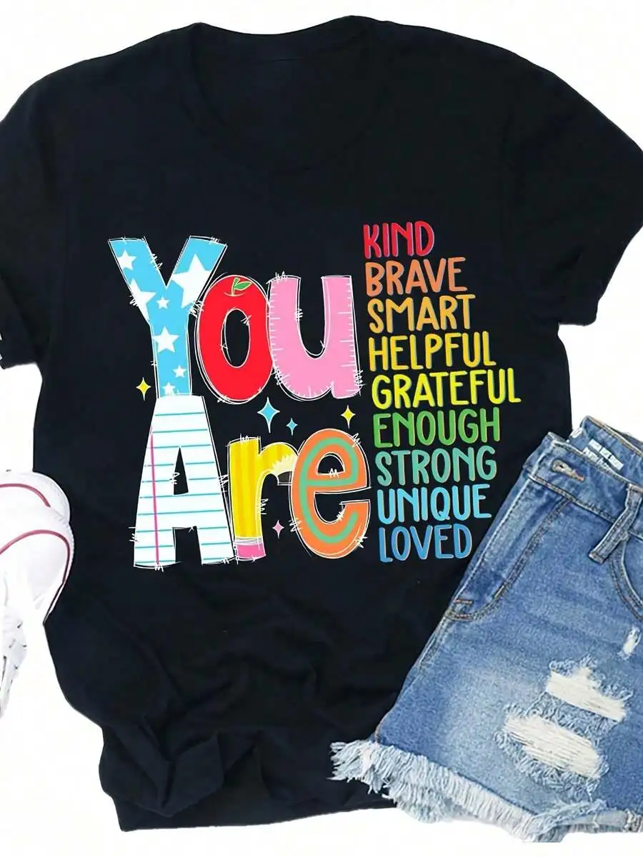Women's You Are Enough Inspirational Teacher Stars Graphic Print T‑Shirt Crew Neck Short Sleeve Casual Tee Top