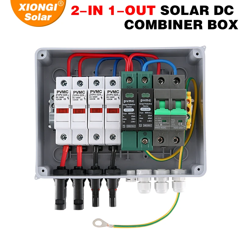 Solar  PV Combiner Box 2 input 1 out IP65 2 String Surge Lightning Protection MCB SPD Waterproof Box DC 600V Fuse