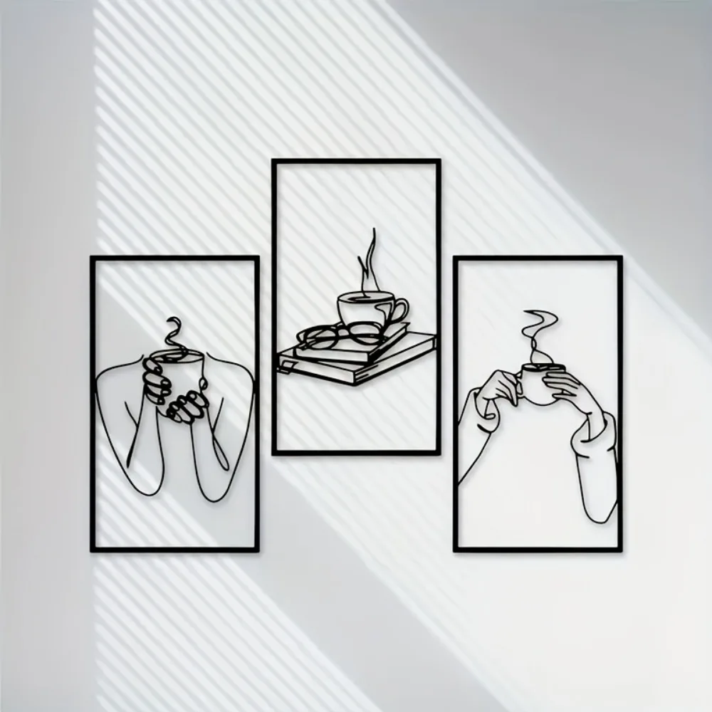 CIFBUY 3Pc Minimalist Line Art Metal Wall Decor Iron Sculpture Rust Proof Book Coffee Reader Room Home Art Hanging Gift Decor
