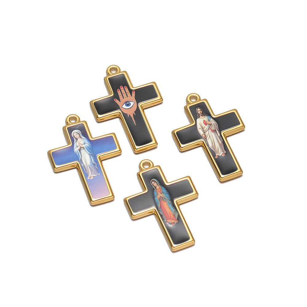 4 Stück Edelstahl-Emaille-Kreuz-Jesus-Anhänger für Halsketten, Ohrringe und Armbänder, DIY-Schmuckzubehör für Damen – Detail 1