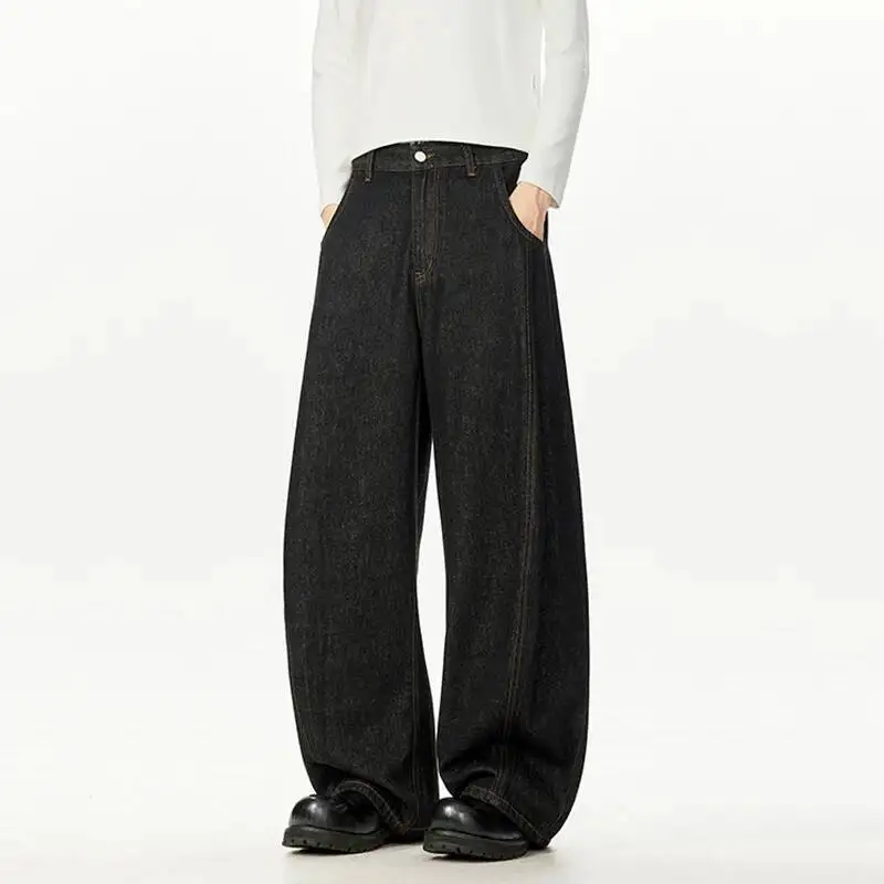 HKSH خريف جديد بسيط الرجال الدنيم السراويل بلون عادية التفكيك المرقعة واسعة الساق فضفاضة كل مباراة الجينز المد HK12102