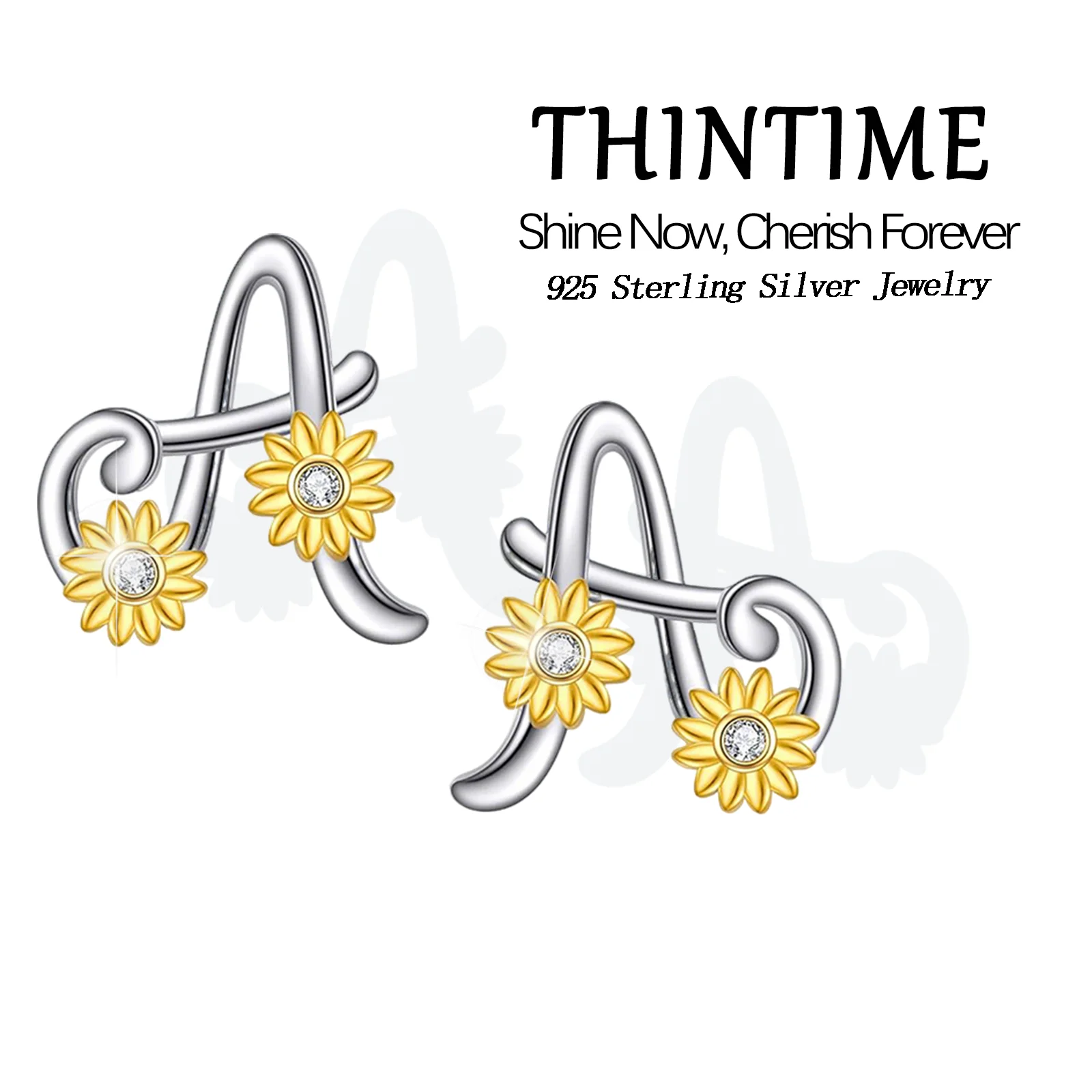 

925 Sterling Silver Letter A Earrings for Women Golden Tone Sunflower Letter A Jewelry Flower Stud Earrings Gift for Women