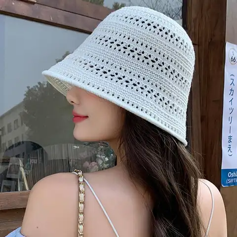 여름 양동이 모자 어부 모자 여성 속이 빈 태양 모자 야외 캐주얼 다목적 파나마 모자 크로 셰 뜨개질 접이식 모자 비치 모자