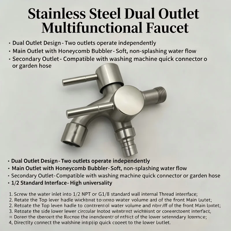 Multifunction Dual Outlet Tap Split Water Faucet for Laundry Sink and Washing Machine Connection
