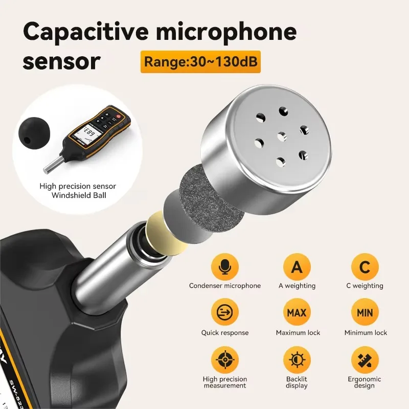 مقياس ديسيبل صناعي 30 ~ 130 ديسيبل ميكروفون مكثف بإضاءة خلفية عرض مقياس مستوى الصوت Oem