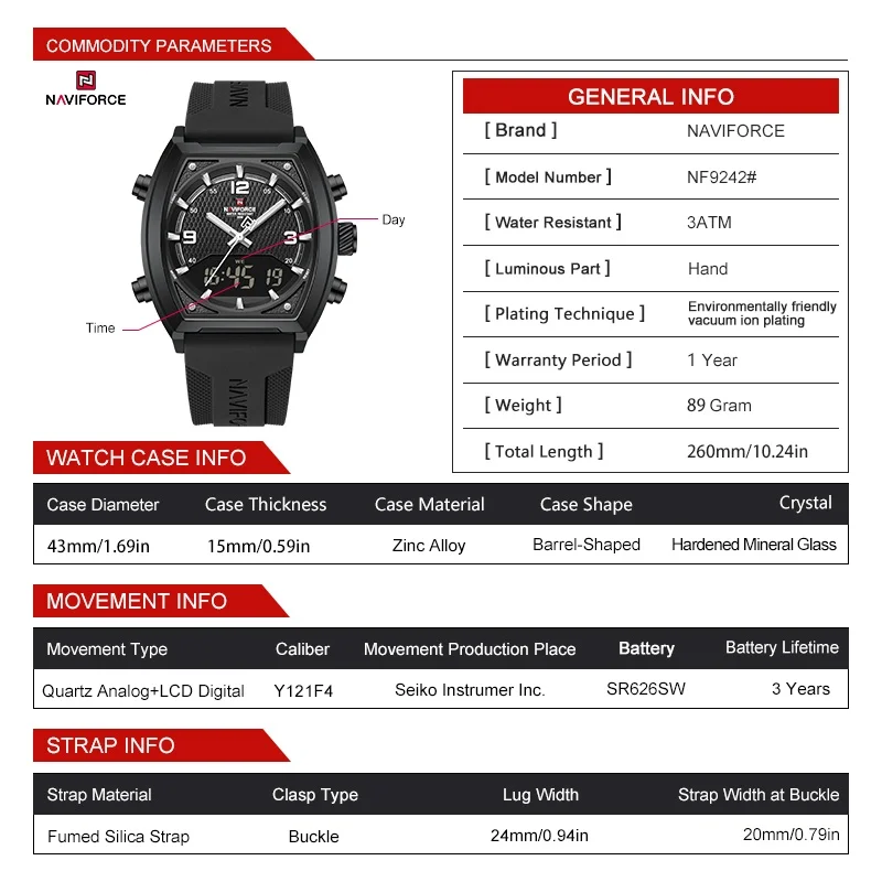NAVIFORCE Men Dual Display Watch 3ATM Waterproof Luminous Silicone Strap Sport Casual Wristwatch Gifts box view 4