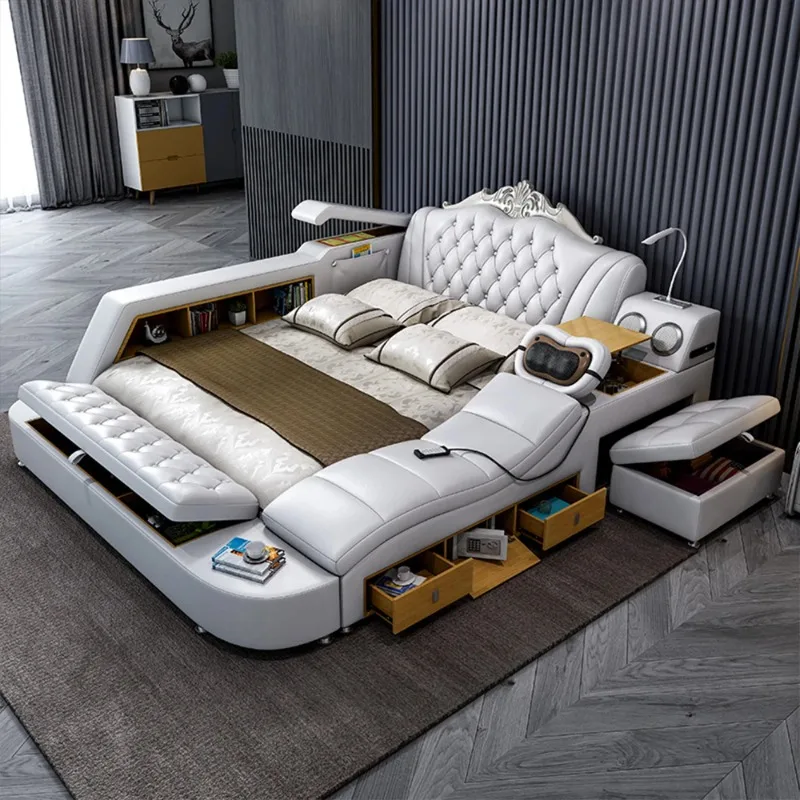

Ultimate Bed Frame Tech Smart Многофункциональная кровать из натуральной кожи, массажем, USB, Bluetooth-динамиком, татами и сейфом