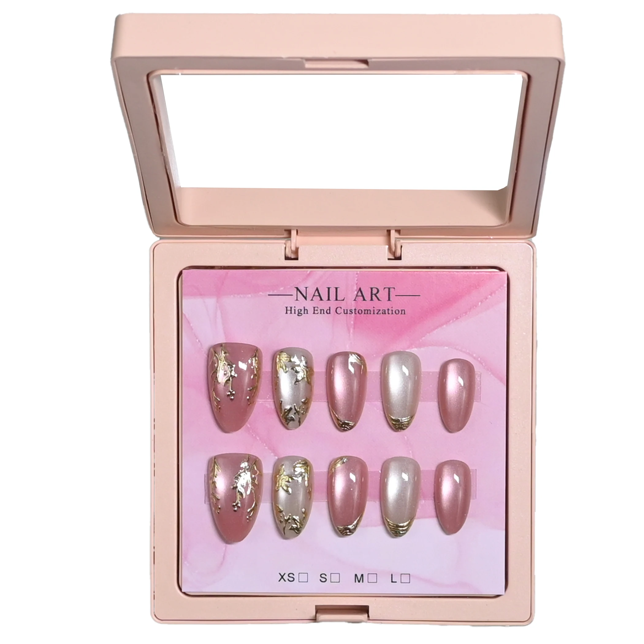 10Pcs Medium Almond Handmade Press On Nails Gift Box, Pink Silver Cat Eye Metallic Gold Foil Floral Curve Tip Design Reusable Fa