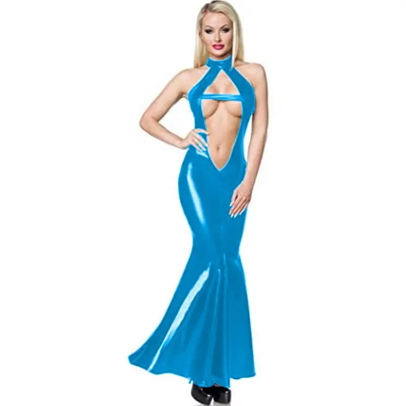 

Sleeveless Hollow Out Bodycon Dress Sexy Women Party Club Dresses Summer Patent Leather Long Dress Shiny PVC Nightclub Costume