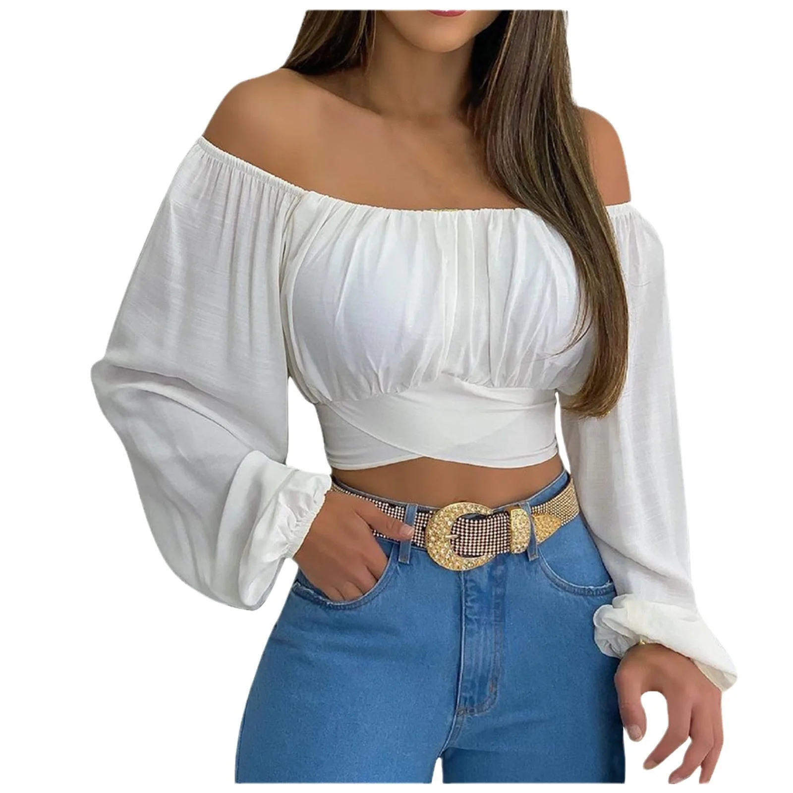 

2024 Women Sexy Off Shoulder Printing Blouses Chic and Elegant Lantern Long Sleeve Lace Up Bow Cropped Tops Casual Slim Shirts