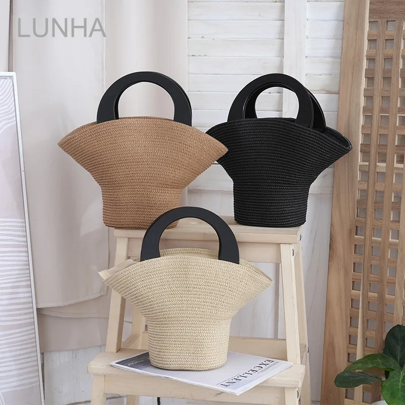

Women's Stylish Hat-Shaped Straw Woven Handbag Summer Beach Tote Bag Handmade Wheat Straw Bucket Bag for Holiday Travel