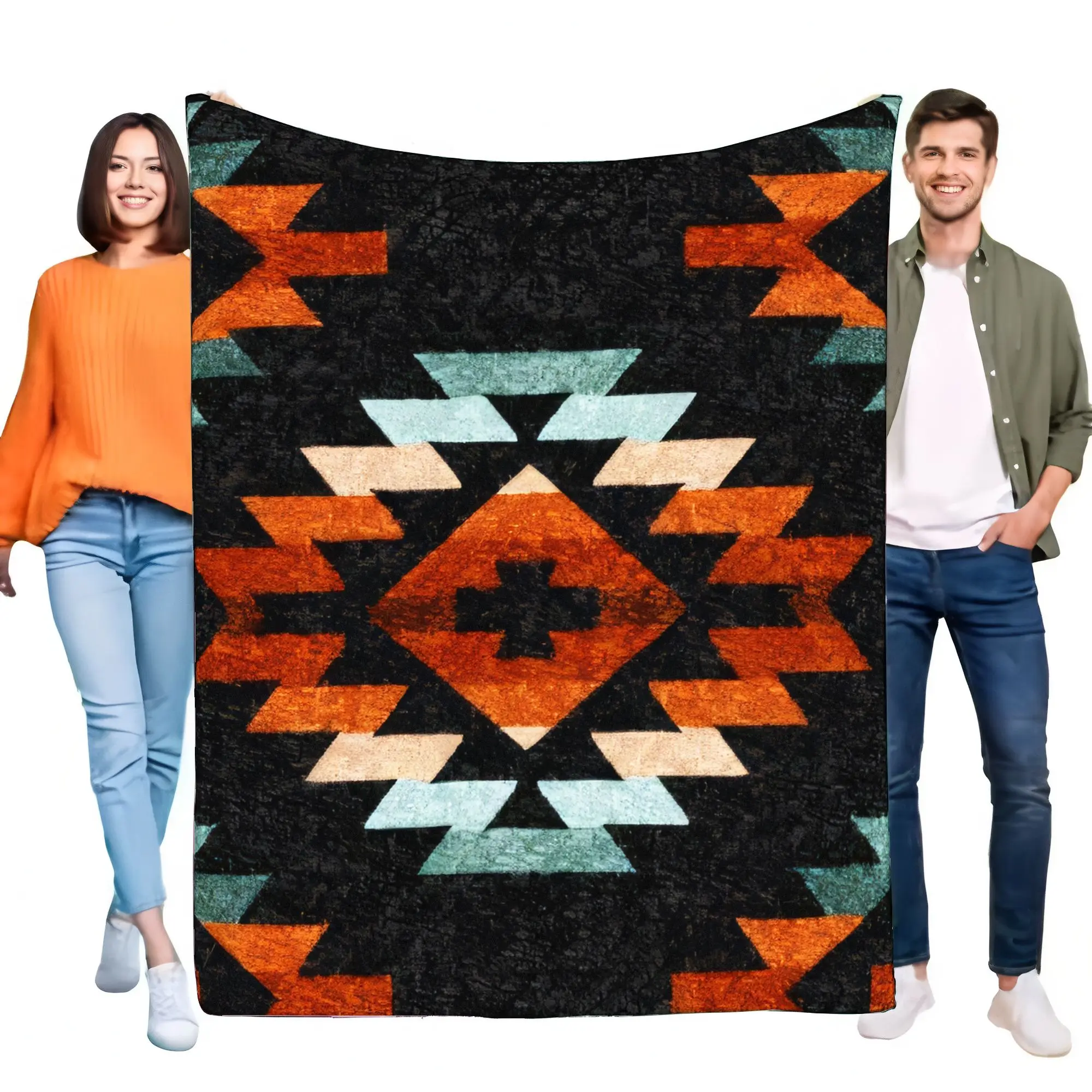 Southwestern Aztec Geometric Fleece Blanket - Soft Cozy Warm Throw for Bed, Sofa & Home Decor, Lightweight Black Orange Teal Pat