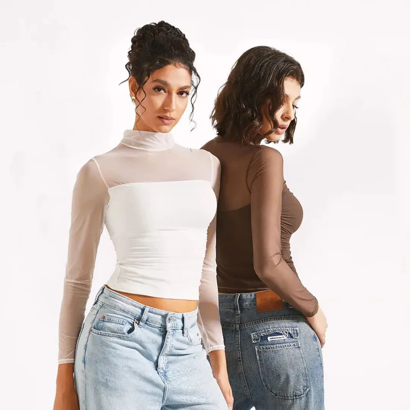 مثير براون بلايز شيك المرأة كم طويل أسود الياقة المدورة شبكة ضيق المحاصيل تي شيرت كامل الصيف الربيع الإناث الملابس البيضاء جديد