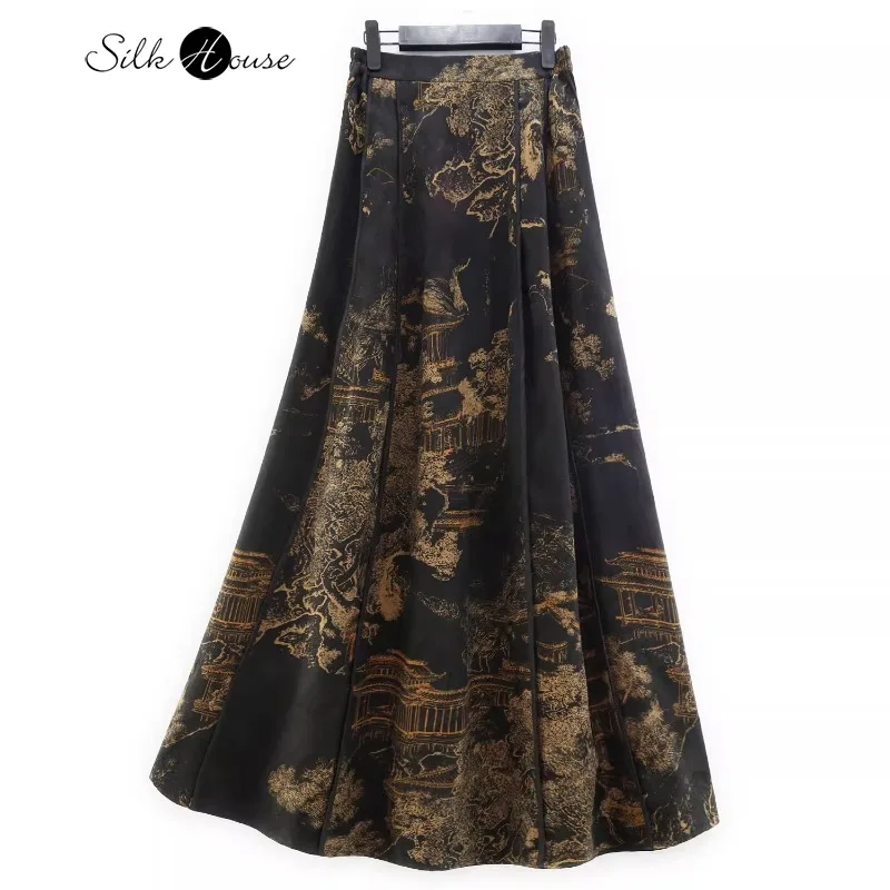 

Heavy 100% Natural Mulberry Silk Fragrant Cloud Yarn Black Gold Pavilion and Tower Printed Women's Fashionable Big Swing Skirt