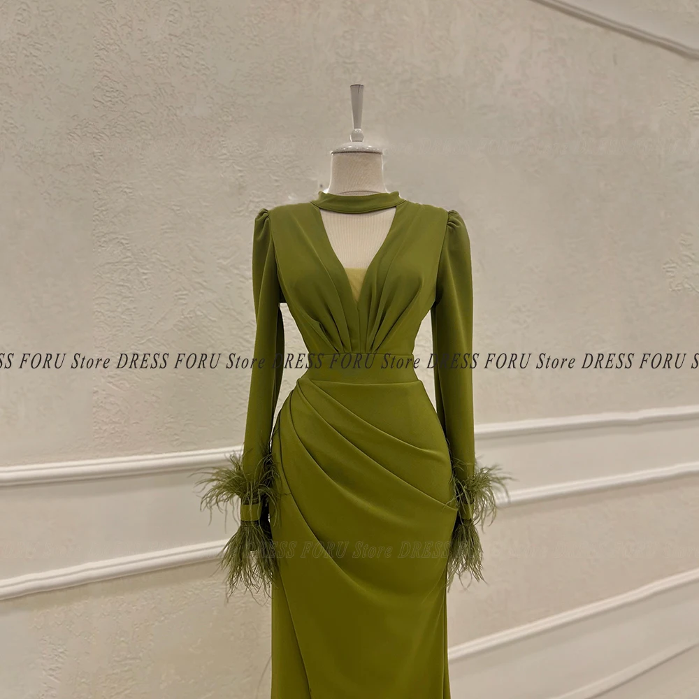 Olive Long Sleeve Evening Dress For Woman V Neck Feather Floor Length Vintage Wedding Party Gown Gala 2023 Robe De Soriee