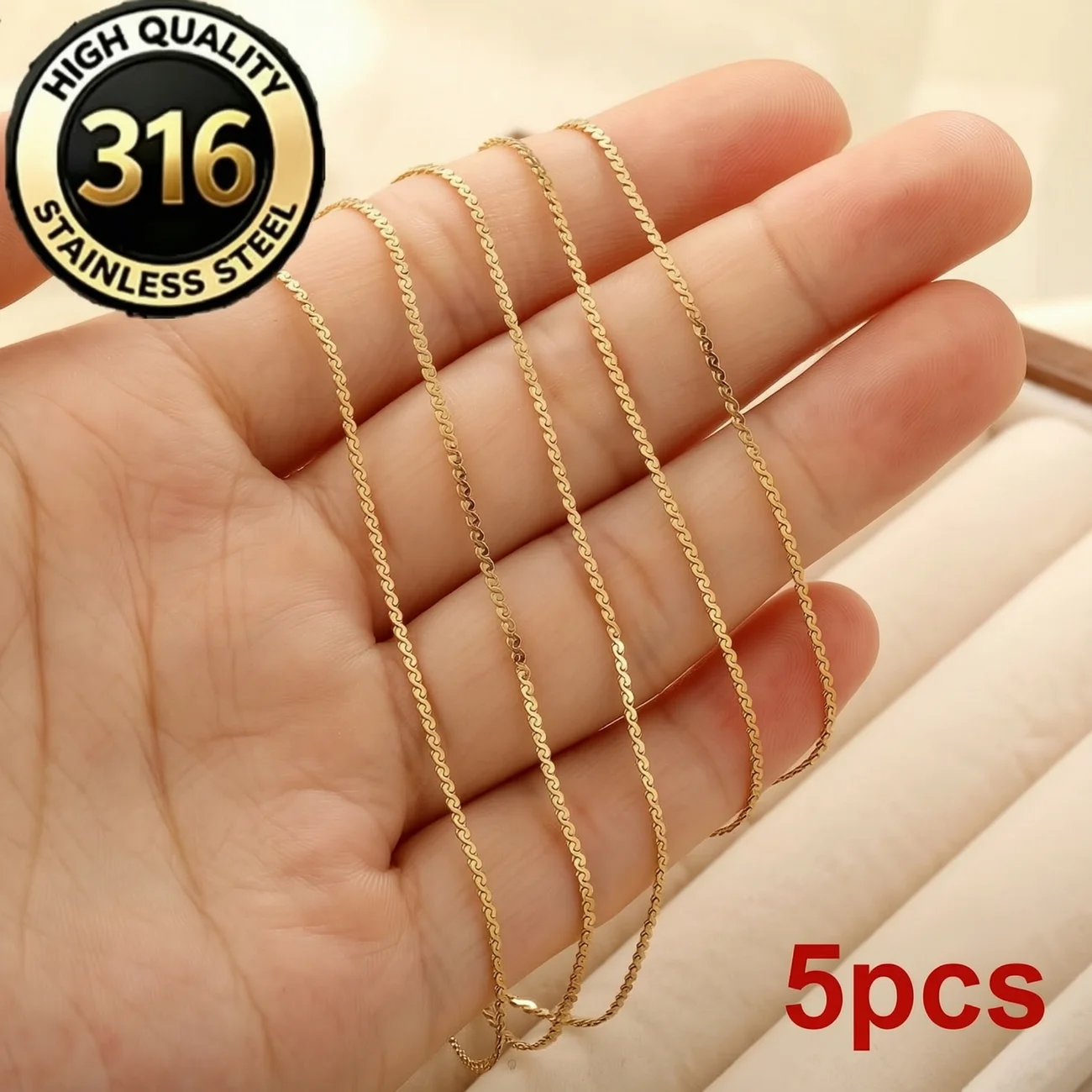 5pcs 1mm Stainless Steel S-chain with Lobster Clasp for Daily Casual Wear Can Be Matched w/ Pendants Unisex 45/50/55/60cm 3 Tone