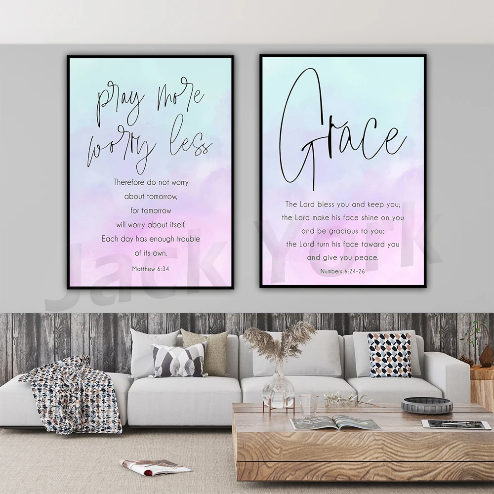 Verse Wall Art Matthew 6:34, Numbers 6 24-26 Pray More & Grace Scripture Watercolor Modern Christian Gift for Women