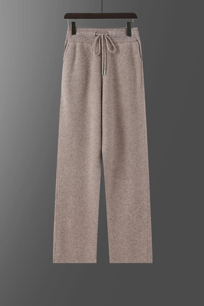 Autumn and winter new 100% pure cashmere wide-leg pants plus cashmere men's padded drawstring casual straight pants.