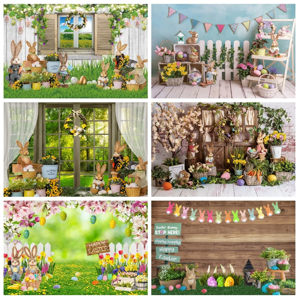 

Spring Easter Backdrop Bunny Eggs Flowers Window Baby Shower Birthday Party Kids Portrait Photography Background Photostudio