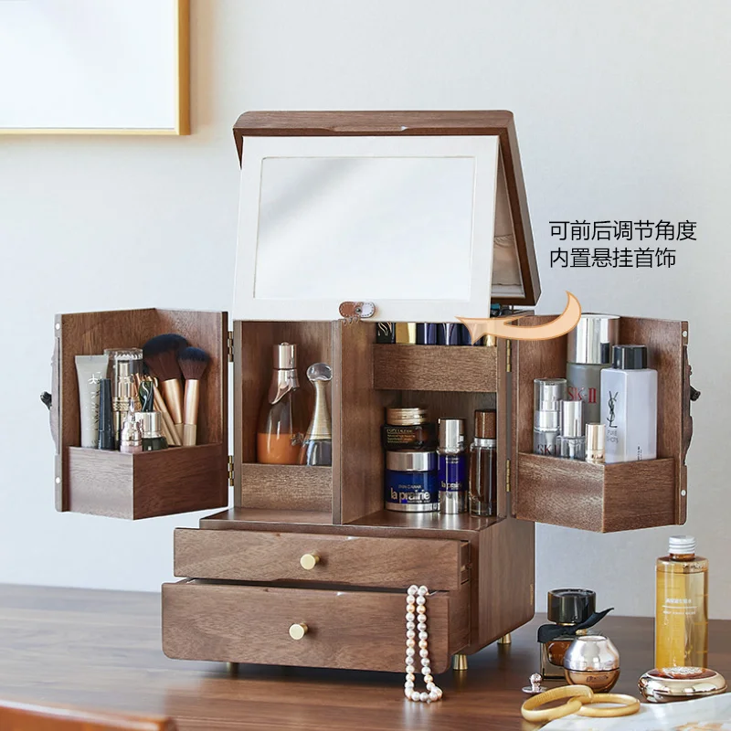 Cosmetics Storage Box Dust-Proof with Mirror Integrated Wooden Desktop Dresser Large Capacity Skin Care Products Organize