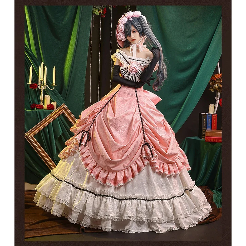 

Anime Black Butler Ciel Phantomhive Coplay Loita Victoria Pink Dress Costume Halloween Role Play Uniform