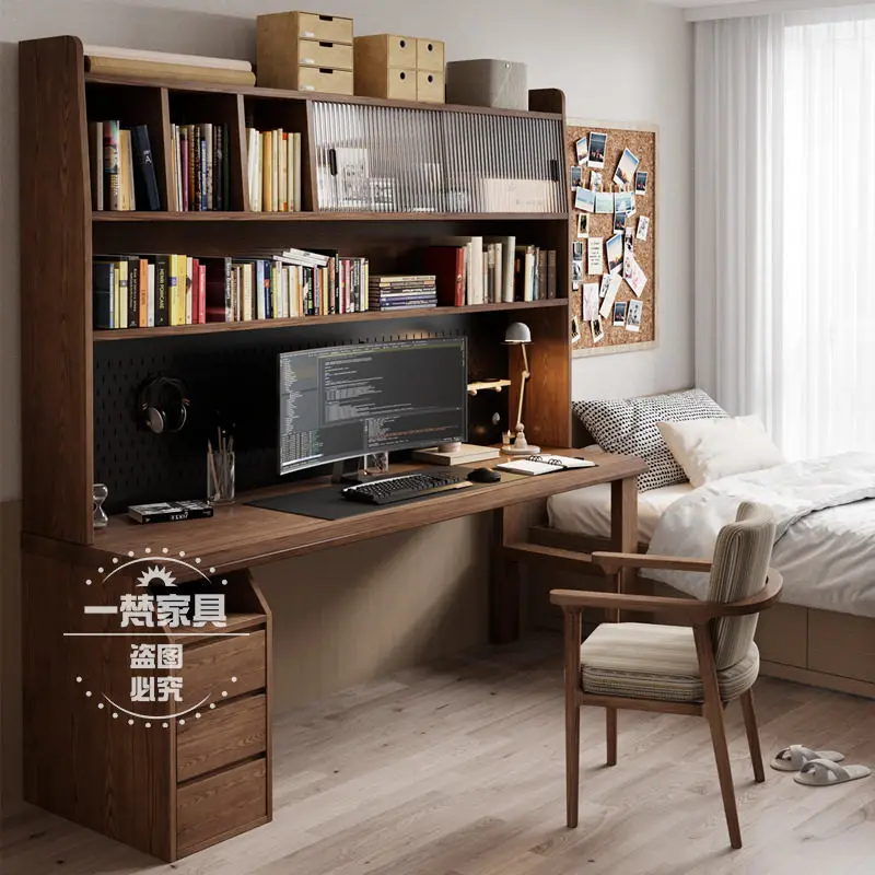Solid wood desk, bookcase combo with drawer, minimalist home children's study desk, solid wood computer desk, workbench