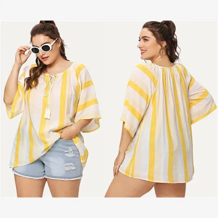 

Summer Women's Casual Blouse XL5XL Street Sle Printed Tie-Dye Fringed Straight Cut T-irt Tops with Bell Sves round Ne