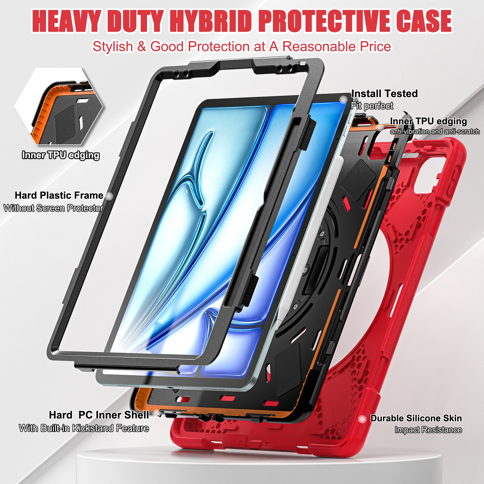 Kickstand Shockproof Tablet Case for iPad A16 11th Air 11 Air 13 Heavy Duty Protective Cover with Shoulder Strap & Pencil Holder