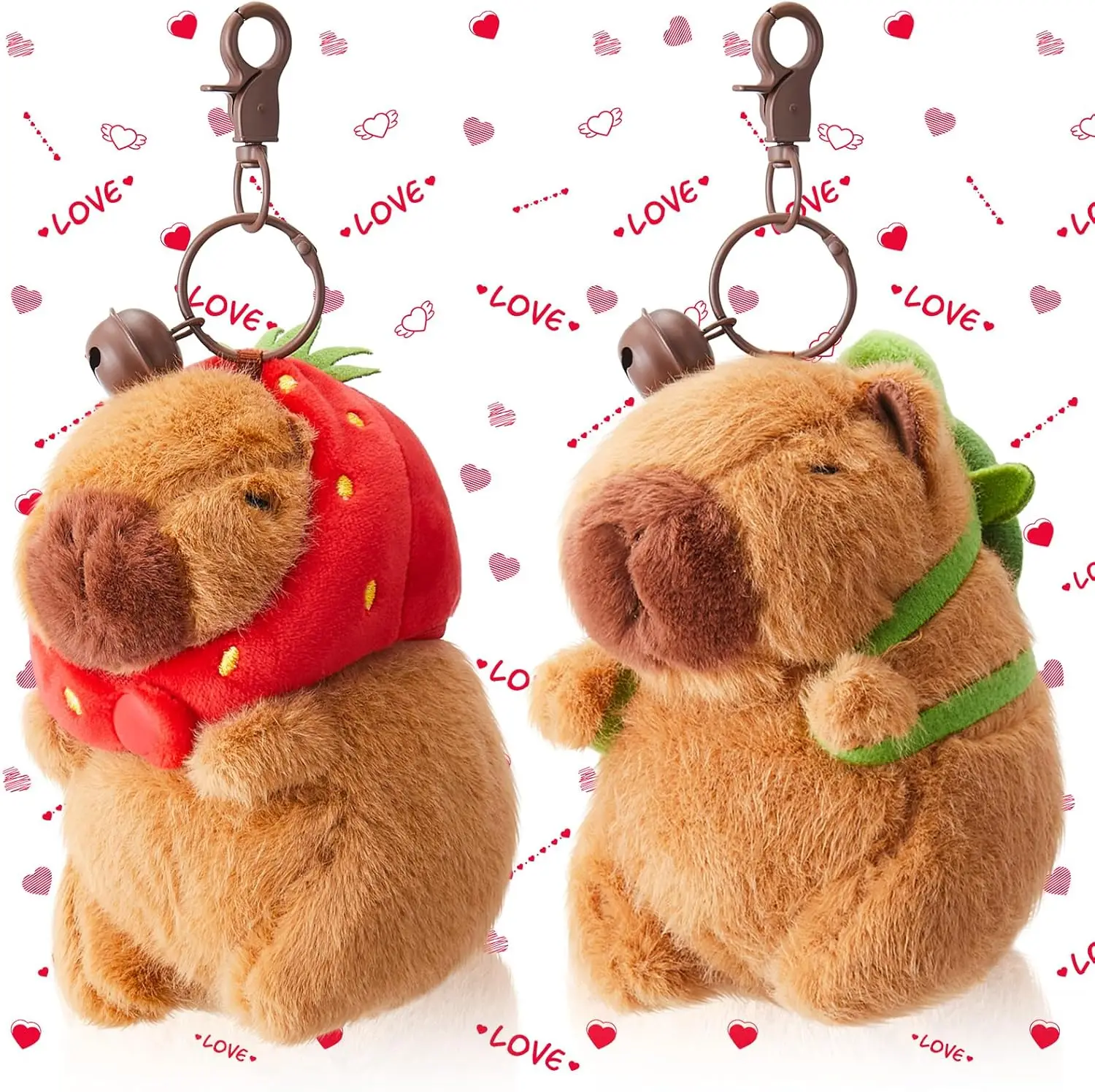 

2 Pcs Cute Capybara Plush Keychain with Turtle Bag and Strawberry Hood, Soft Stuffed Animal Charm for Gifts