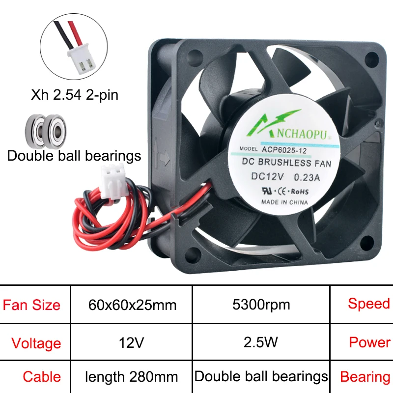 ACP6025 Wentylator 6cm 60mm 60x60x25mm DC5V/12V/24V 2-pinowy wentylator osiowy do ładowarek, zasilaczy i konwerterów częstotliwości — zdjęcie produktu 5