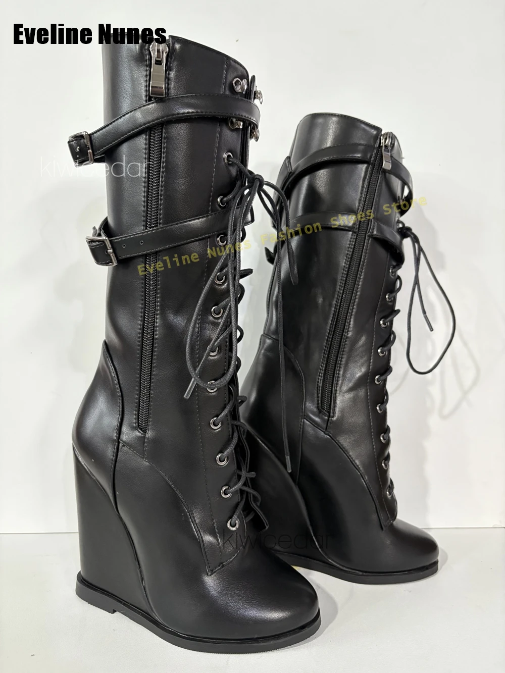 Wedge Lace-Up Retro Knee High Boots Round Toe Belt Buckle Side Zip Women Patchwork Fashion Long Boots 2025 New Arrivals Trend
